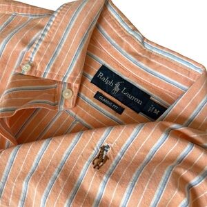 Ralph Lauren Button Down Polo Shirt Men’s MED Orange Blue Stripe Preppy Pony